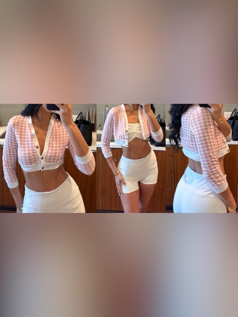 Cropped Pink Houndstooth Cardigan Top -